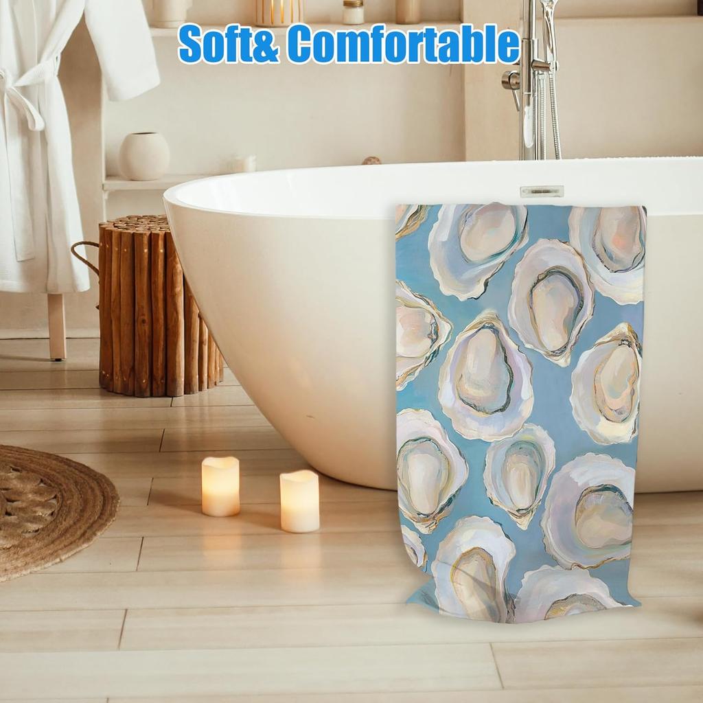 Blue Coastal Oysters Beach Towel, East Coastal Bathroom Decor, Trendy Beachy Sand Beach Towels Gifts for Women, Nautical Oyster Quick Dry Bath Pool