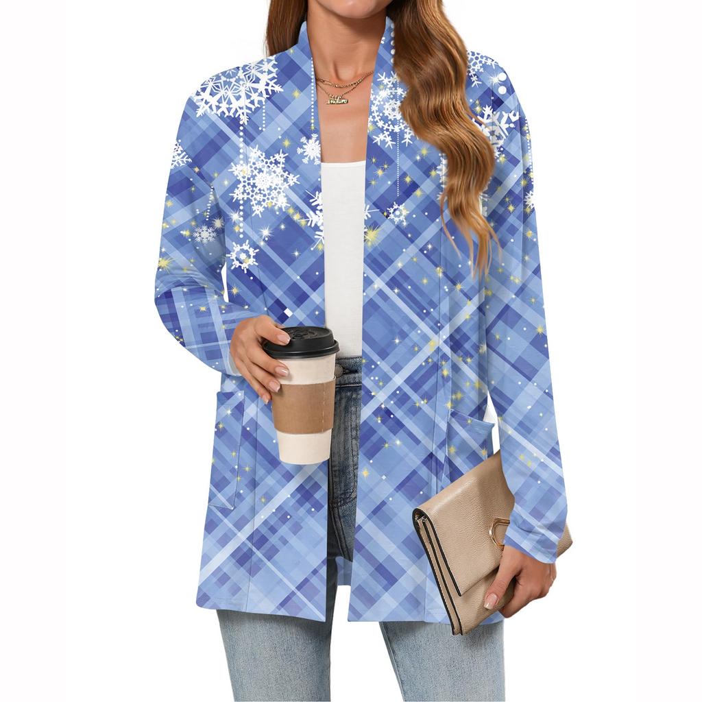 Damen Weihnachten Bedruckter Leichter Cardigan Langärmlig Lässig Locker Dünne Passform Mit Taschen Cardigan Jacke