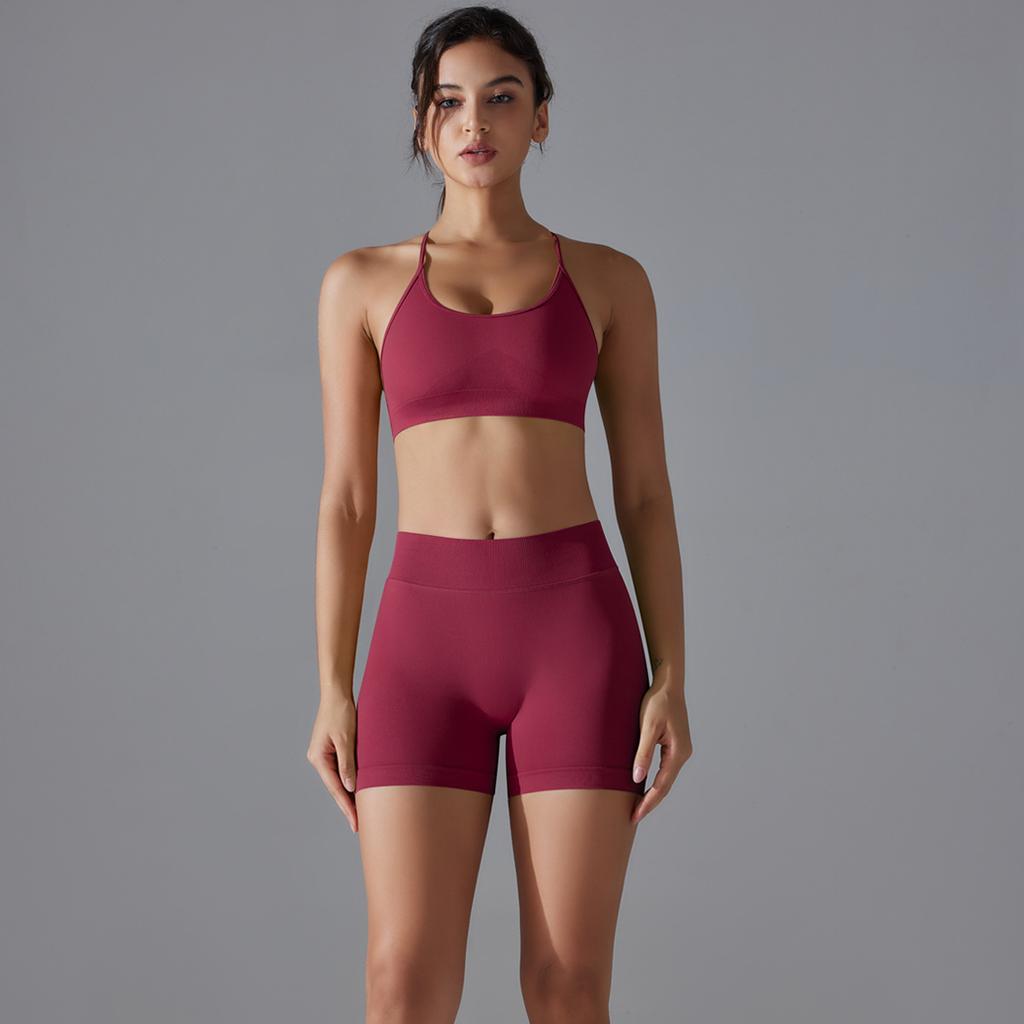 Seamless Cross Yoga Suit Breathable Quick Drying Tight Fitting Sports Suit Running Fitness Suit Two-Piece Set For Women