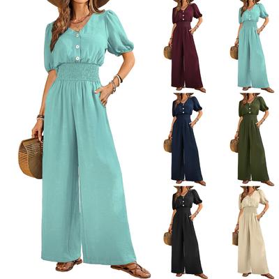 Damen Modischer Einfarbiger V-Ausschnitt Knopf Kurzarm Lässiger Lockerer Weitbeiniger Hosen Jumpsuit