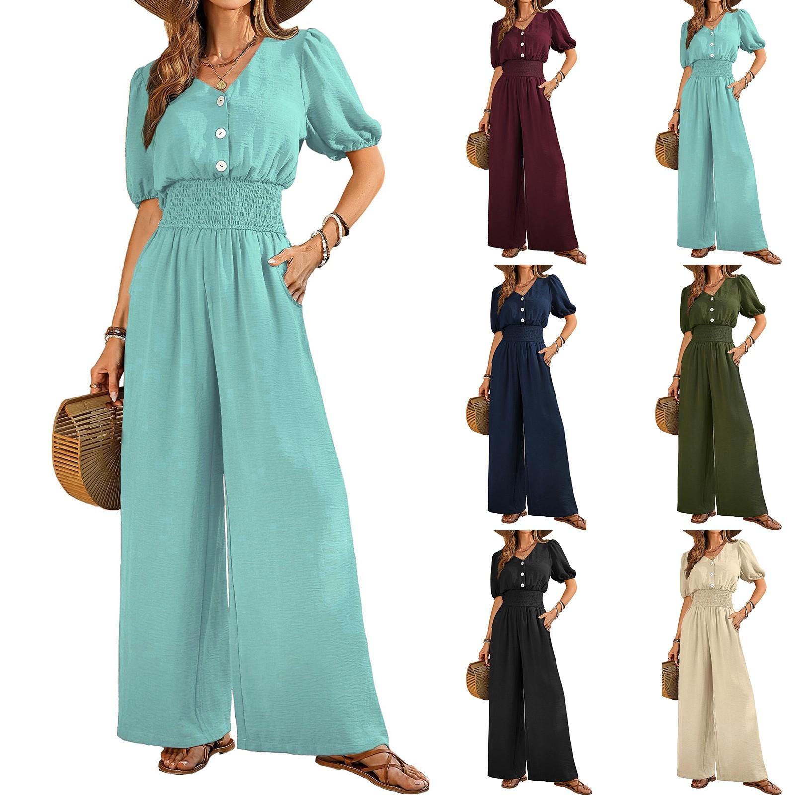 

Women s Fashionable Solid Color V-neck Button Short Sleeved Casual Loose Wide Leg Pants Jumpsuit M