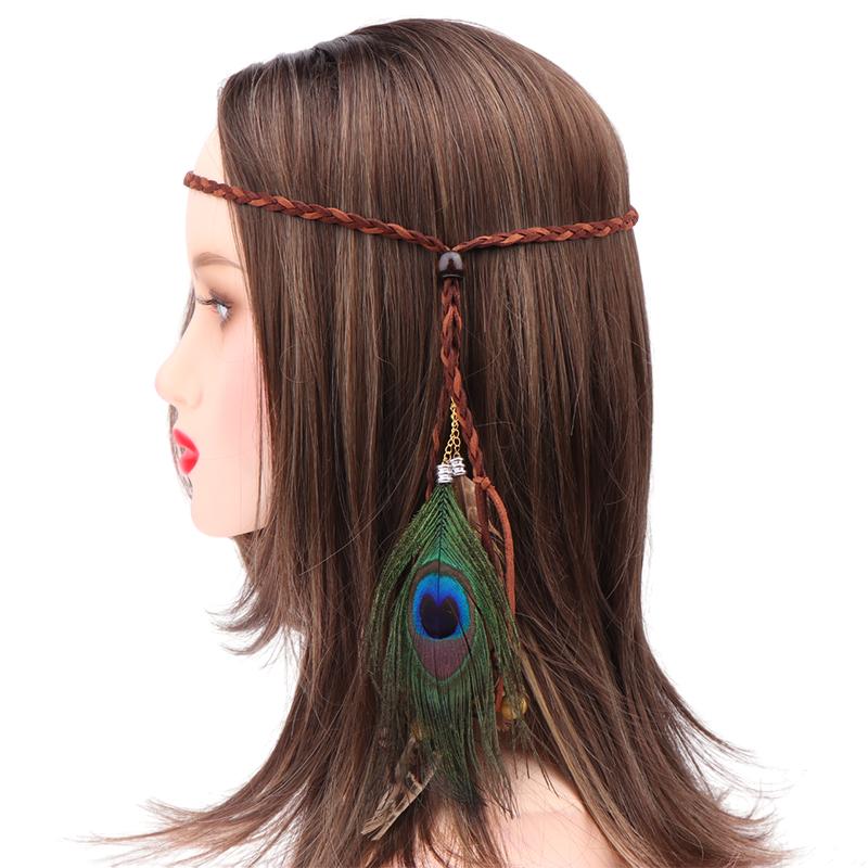 Ретро Бохо Повязка на голову с перьями павлина и плетеным шнуром, женский головной убор, головной убор с перьями, индийский головной убор, аксессуары для волос, подарок