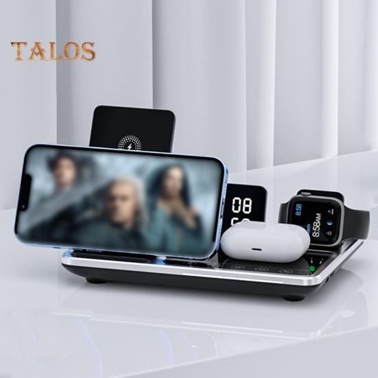 4 in 1 Wireless Charger Stand with Alarm Clock & Night Light Foldable Fast Charging Dock One-Key Lifting Smartwatch Charging Stand for IPhone