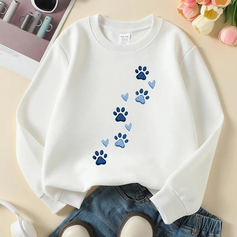 Kids Crewneck Sweatshirt, Paw Prints & Hearts Graphic Print, Spring Autumn Casual Sport Tops