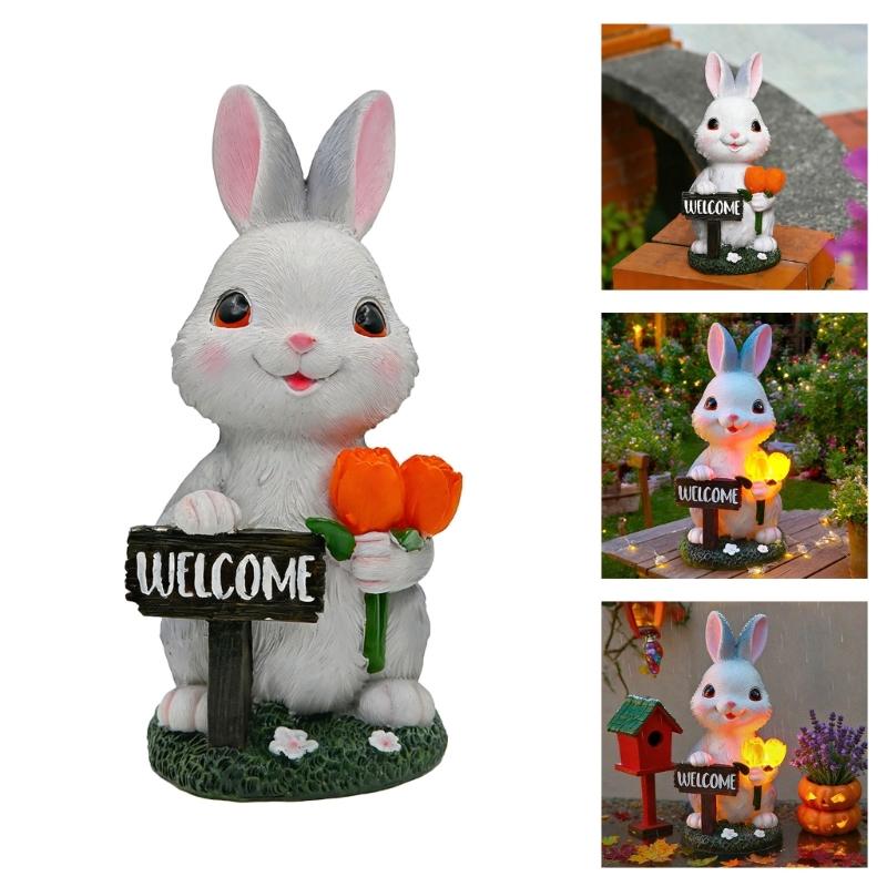 Solar Garden Rabbit Statues Outdoor Bunnies Figurine Decorations for Patios Yard Lawn Ornament Easter Housewarmings Gift