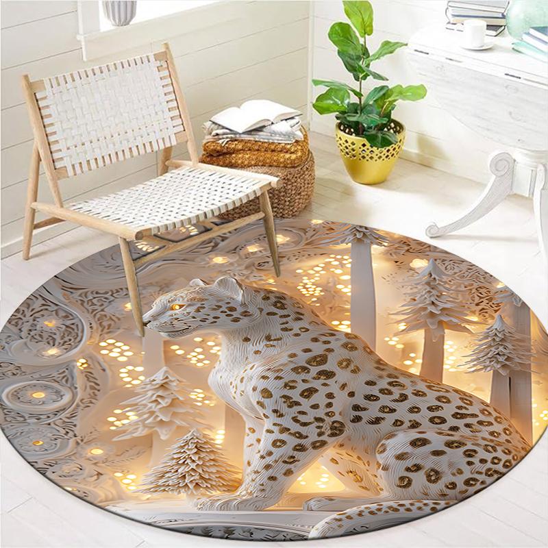 Stone Carving Leopard and Dragon Round Area Rug,Carpet Rug for Living Room Bedroom Sofa Playroom Decor,Non-slip Floor Mat