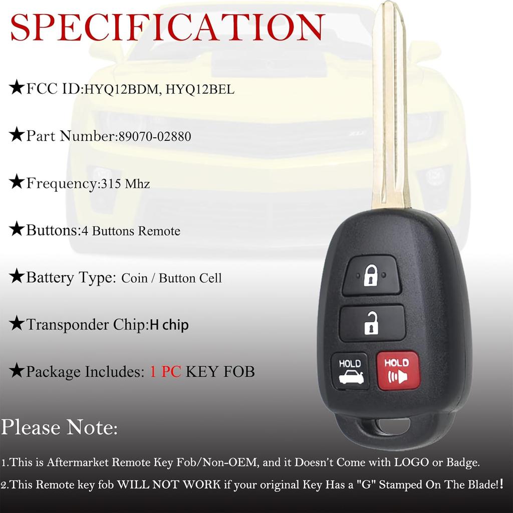 MechanMagic Key Fob Remote Replacement Fits for Toyota Corolla 2014 2015 2016 2017 2018 /Camry 2014-2017/Tacoma 2016-2018 HYQ12BDM Keyless Entry