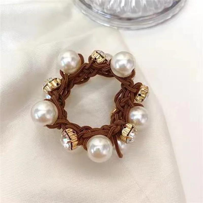 1PC-3pcs Paux Pearl Brimmed Hair Tie Glitter Rhinestone Decor Hair Rope Retro Style Scrunchies For Women