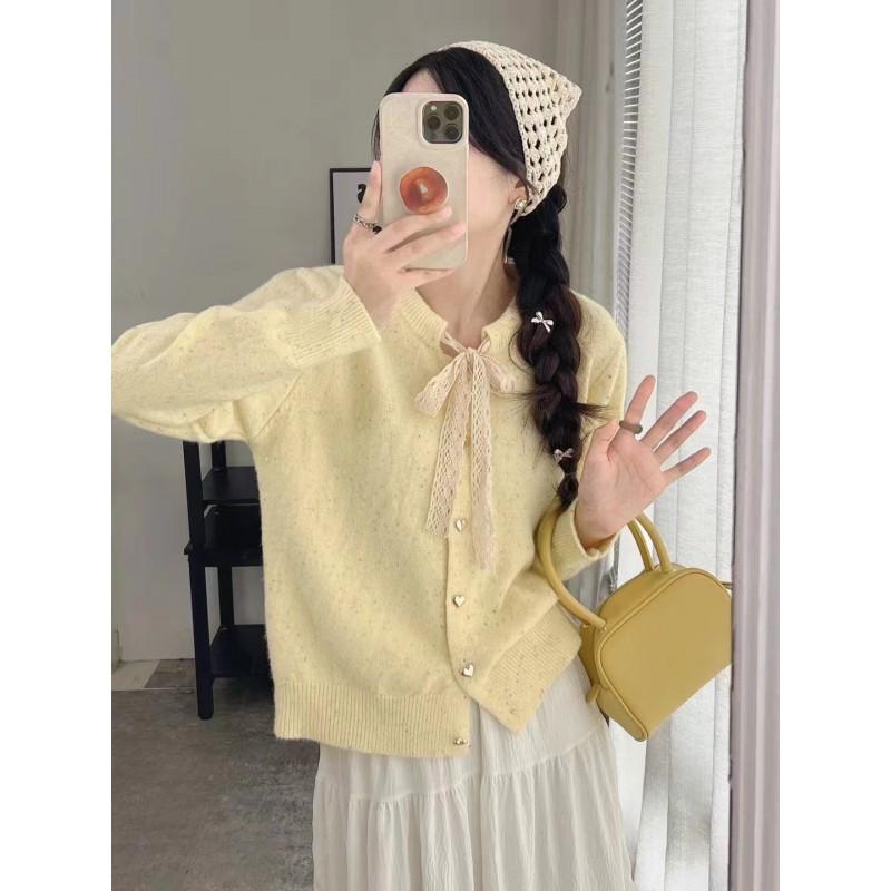 Soft Korean Style Lace Tie Bow Knit Cardigan Women - Sweet Heart Button Round Neck Sweater Jacket Winter