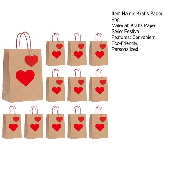 Krafts Paper Bags Red Heart Design Eco-Friendly Gift Bags with Heart Tags And Hemp Rope Gift Packaging for Weddings Birthdays Mother's Day Party