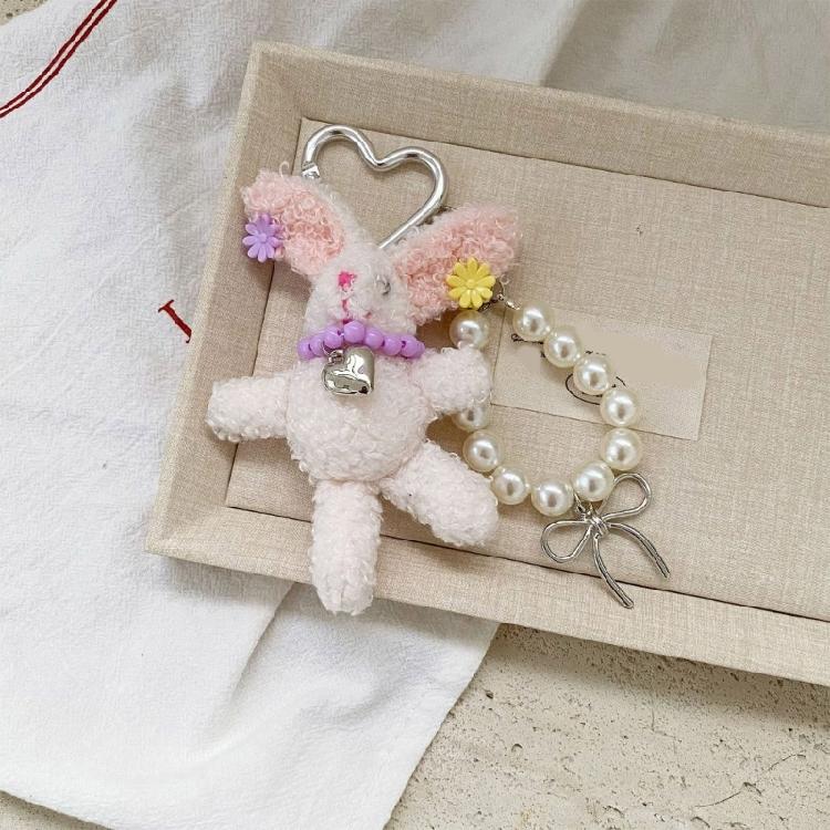Delicate Rabbit Phone Charm PP Cotton Keychain Pearls Hair Clip Lovely Rabbit Stuffed Keyring Gift For Students