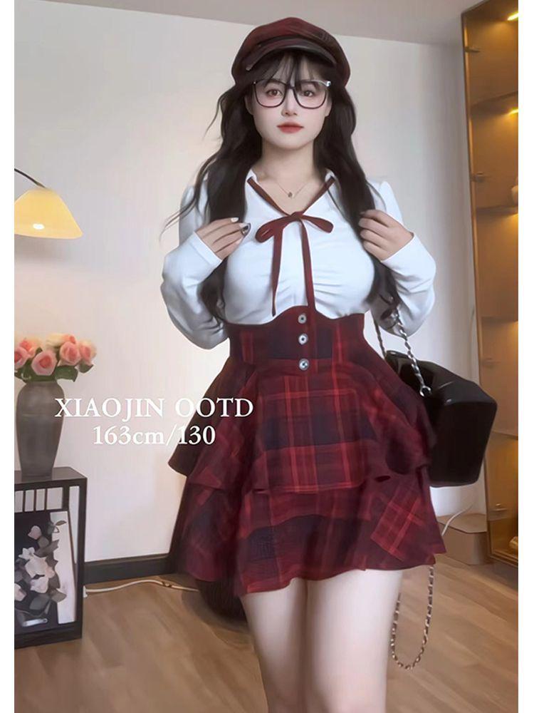 Plus Size Women's JK Style Uniform Set - Waist-Hugging Puffy Skirt & Slimming Shirt Top Duo