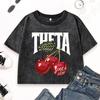 Theta Cherry Since 1870 Printed Womens Washed T Shirt Cotton Soft Crewneck Tops Summer Slim Streetwear