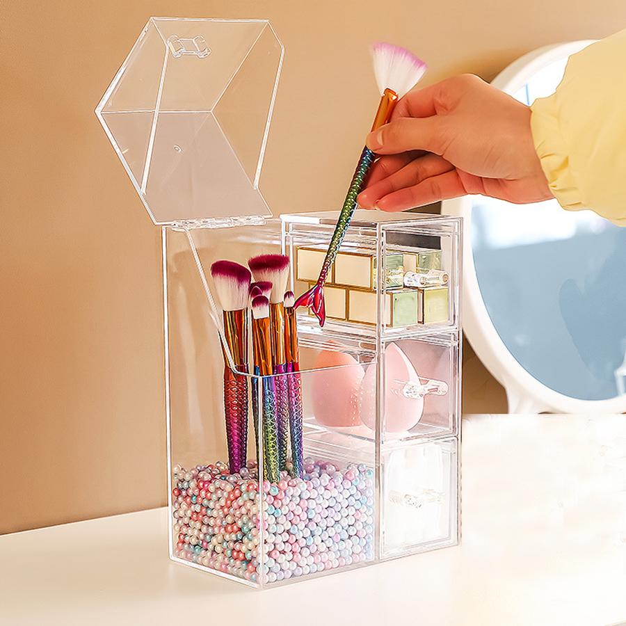 Makeup Brush Holder,Clear Cosmetic Brushes Organizer With Drawer for Storage Brushes with Lid for Dressing Tables and Vanity