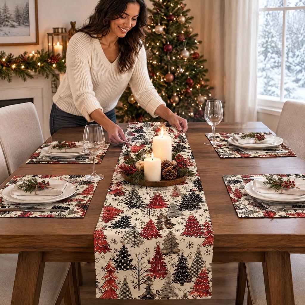 Christmas Table Runner and Placemat Set for Winter Holiday Dining Table Decoration, 5