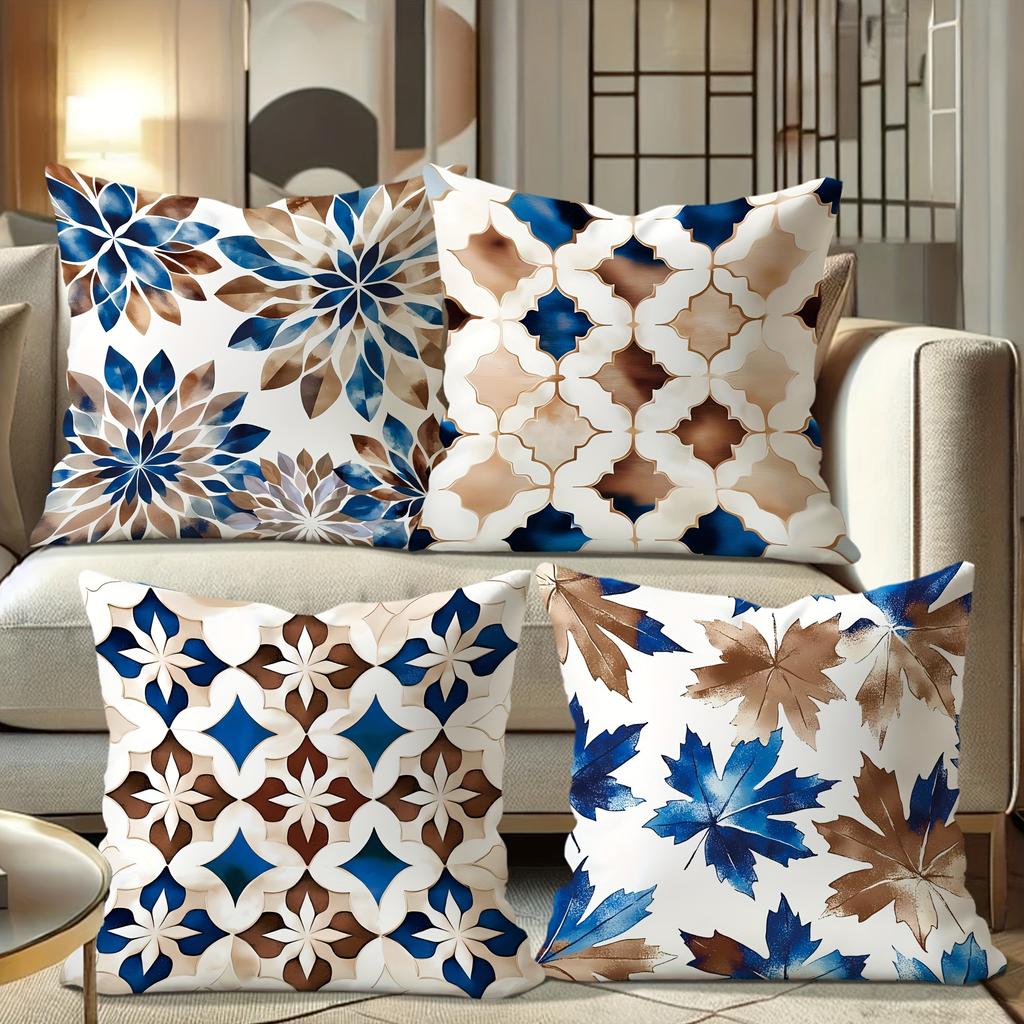 Home Decor Blue & Brown Floral & Geometric Pillow Covers Pattern Cushion Cover Suitable For Sofa Bedroom Car Pillow Cover