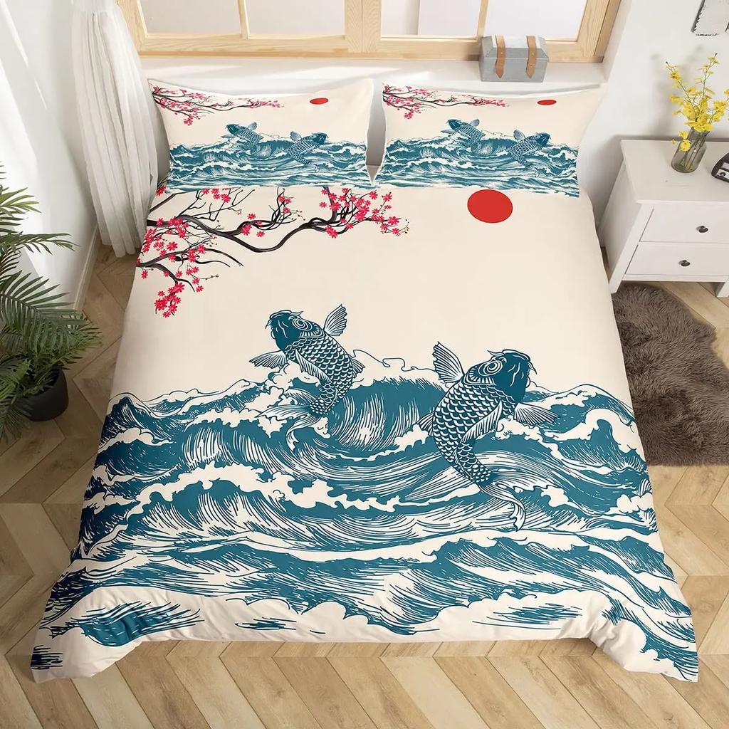 Comforter Koi Fish Carp Tie Dye Bedding Sets Traditional Chinese Ink Art Lotus Leaf Nature Full Size