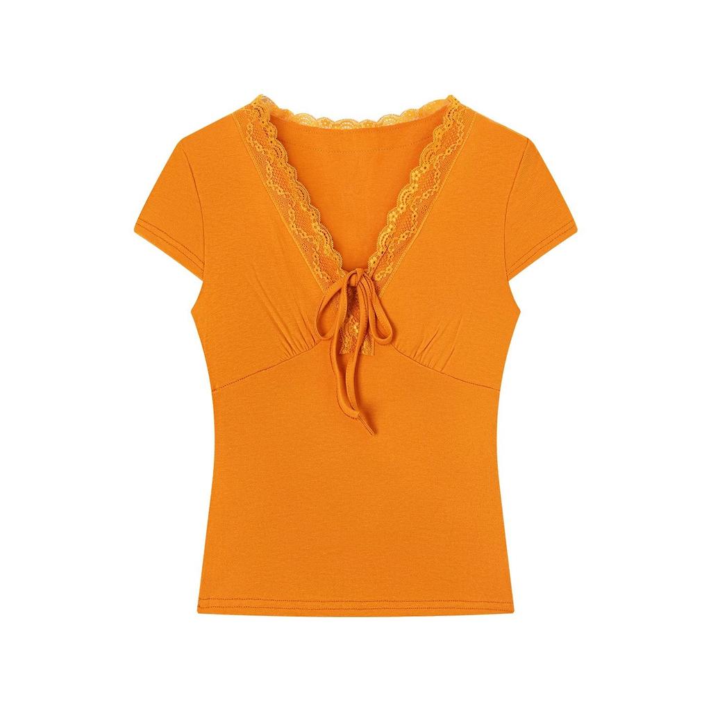 Short-sleeved t-shirt women's new summer short-sleeved slim-fit lace splicing beautiful V-neck small top