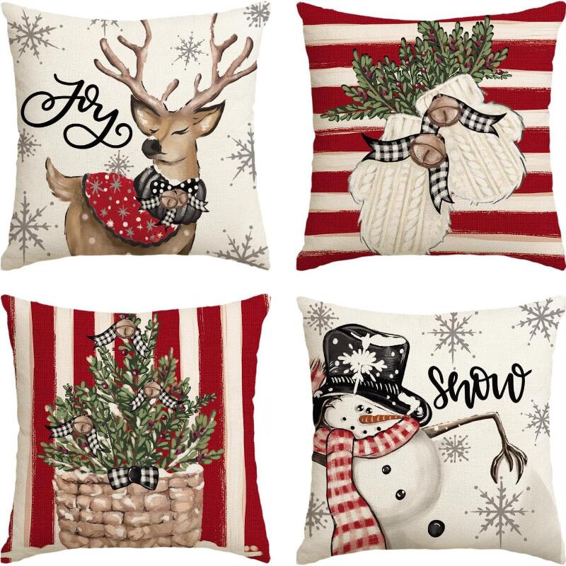 4 PC Reversible Christmas Pillow Covers Set - Santa Snowman Linen Blend Sofa Decor Festive Home Accents