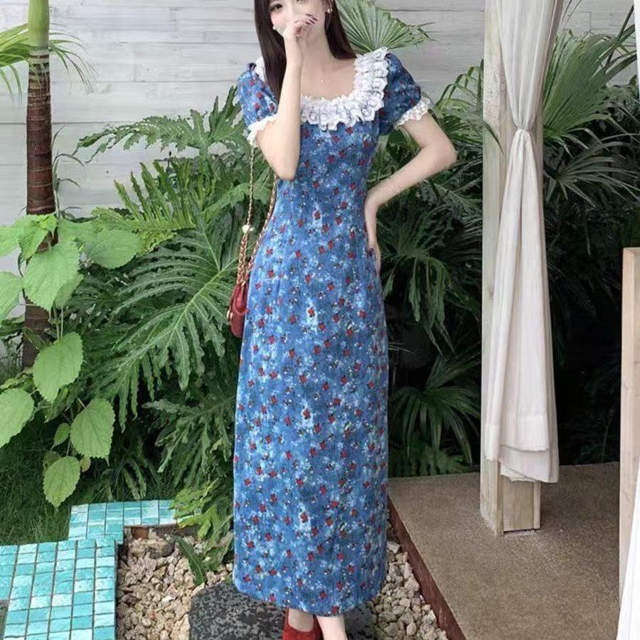 Large size French blue floral lace splicing dress women's summer fat MM niche temperament Mori style long skirt