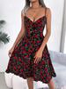 Women Casual Floral Ruffled Bow Strappy High Waist A Line Midi Dress