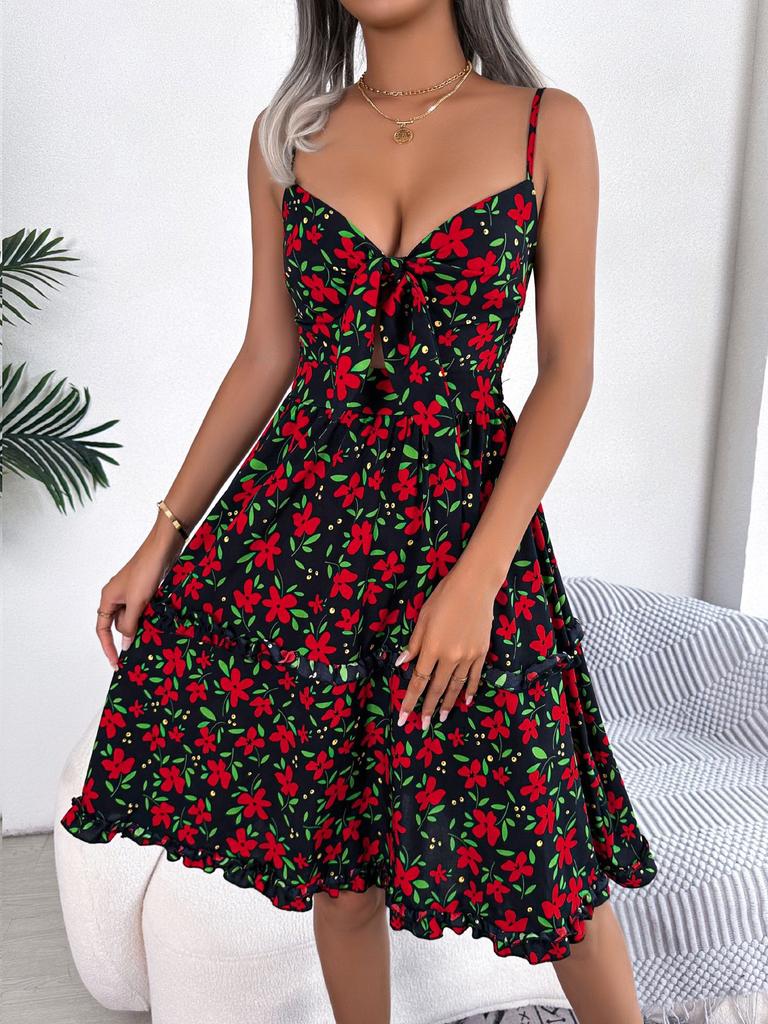 Women Casual Floral Ruffled Bow Strappy High Waist A Line Midi Dress