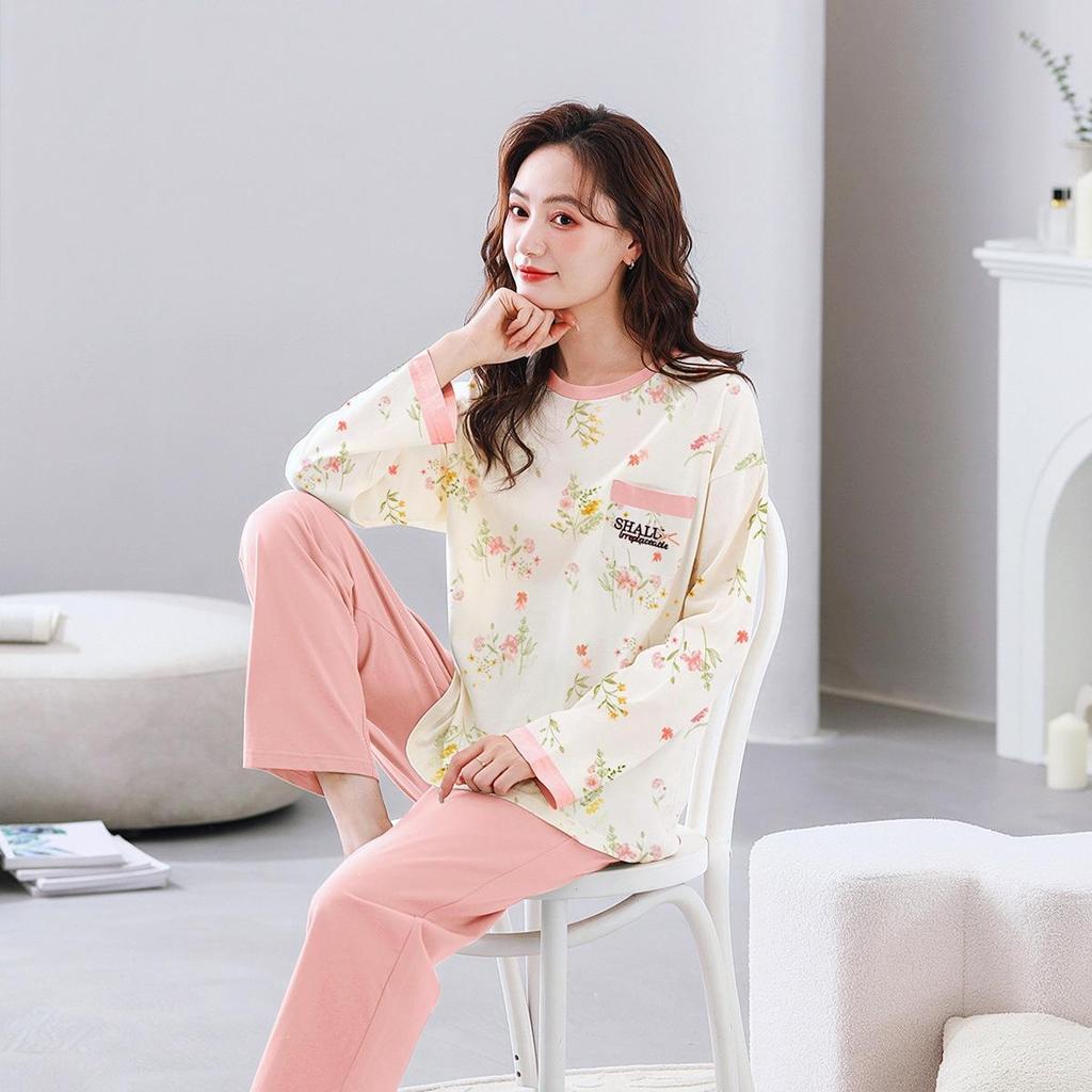 2025 Women's Cotton Pajamas Set - Autumn/Winter Long Sleeve Korean Style Loose Pullover for Indoor/Outdoor Wear