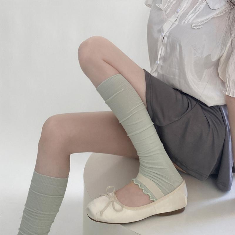 Women Spring Summer Sweet Ruffled Trim Calf Socks Leg Cover Japanese Style Frilly Slouch Socks Thin Middle Tube Stocking