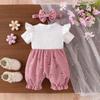 Baby Girl Bowknot Suspender Romper Set Toddler Two Piece Outfit Infant Short Sleeve Ribbed T-Shirt with Floral Print Overalls and Headband