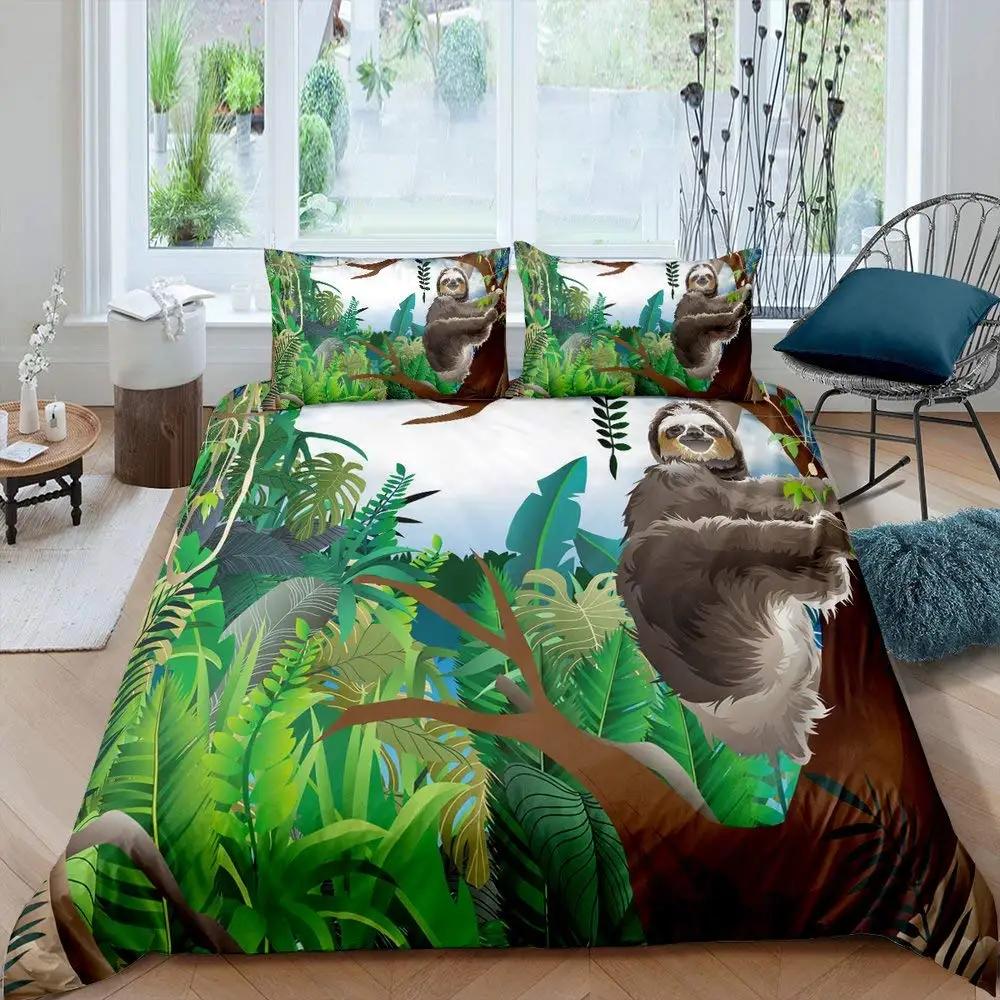 Carton Sloth Soft Duvet Cover Set Lovely Animals Beding Sets for Young Boys Young Girls Funy Sloth Tropical Leaves Floral Nature Comfortable Quilt