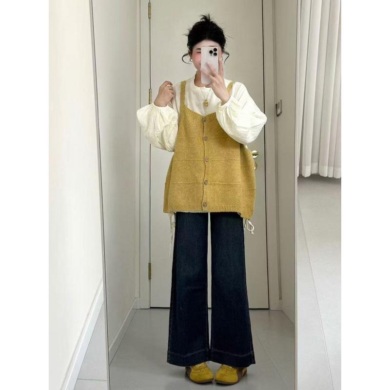 Koreanischer Stil Rundhals Lässig Zweiteiler: Langarmshirt & Strickweste mit Lagen für Damen