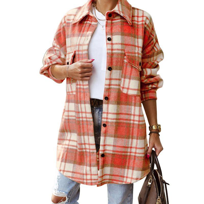 

2024 Fall and Winter New Arrival Thickened Long Sleeve Shirt Coat Women s Fashion Stand-up Collar All-Match Plaid Printed Mid Length Long Length Shirt Red M code fits (55.00 kg-62.50 kg
