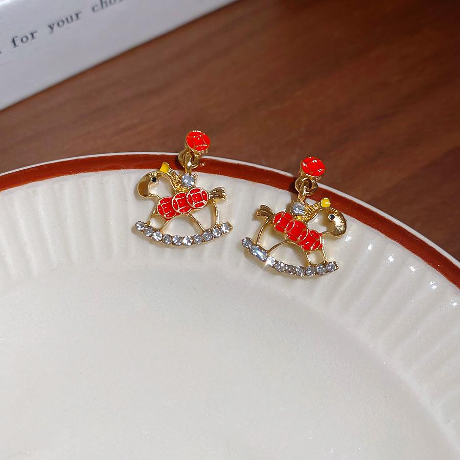 Unique Design Metal Cartoon Horse Dangle Earrings for Women Red Bowknot Silver Color Cute Animal Earring Party Statement Jewelry