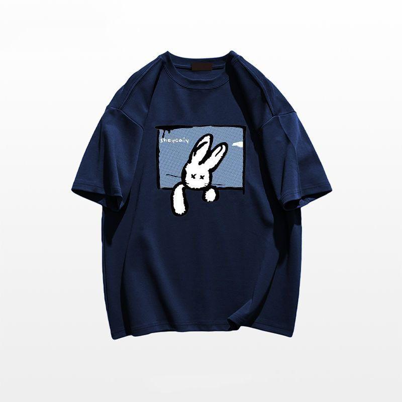 Trendy brand autumn men's short sleeved t-shirt men's pure cotton round neck plus fat plus plus plus size fat loose short sleeved navy blue