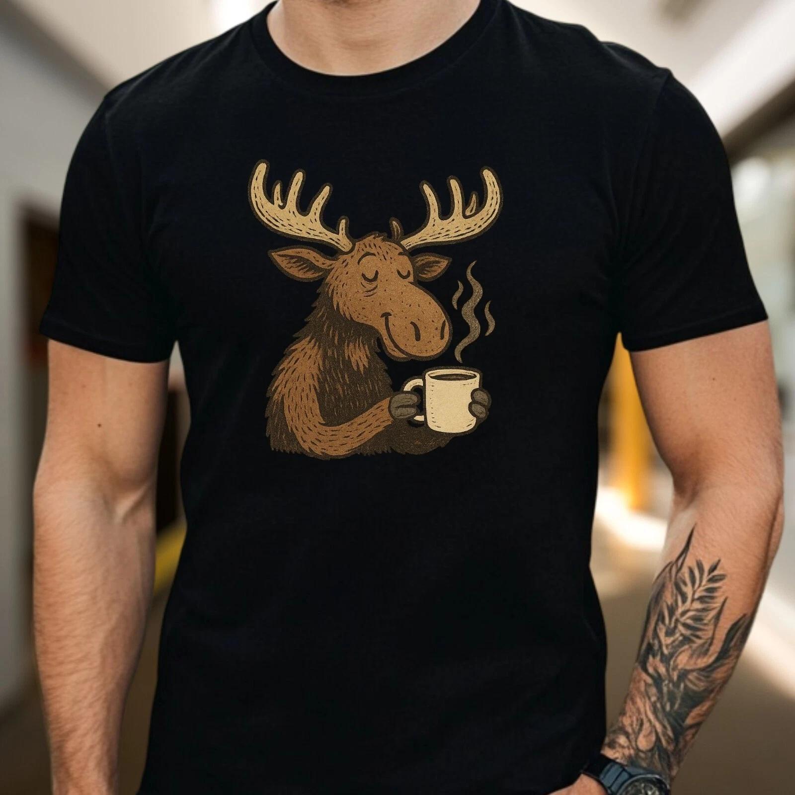 T-Shirt Herren Elch trinkt Kaffee Motiv Baumwolle Größe S bis 5XL L