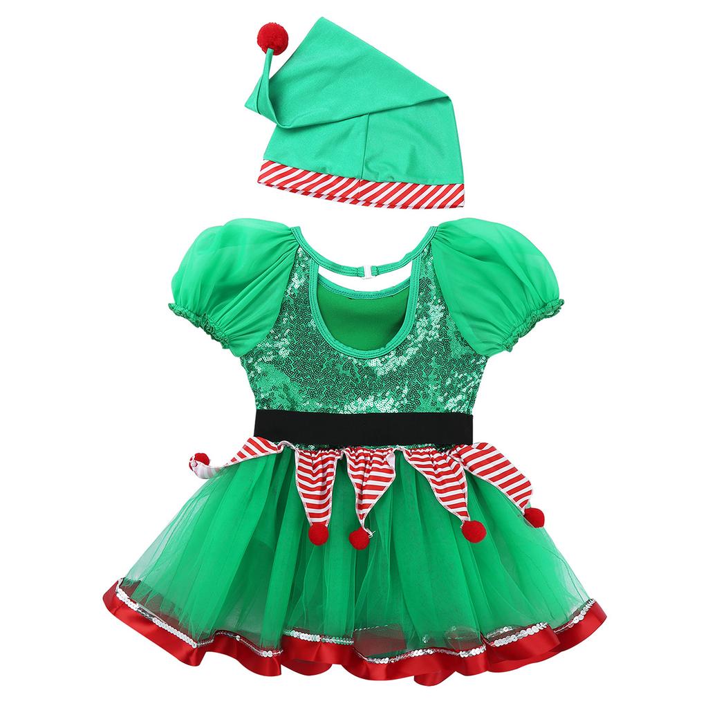 Girls Christmas Fairy Costume Short Puff Sleeves Sequined Striped Peplum Mesh Tutu Leotard Dress Hat Included