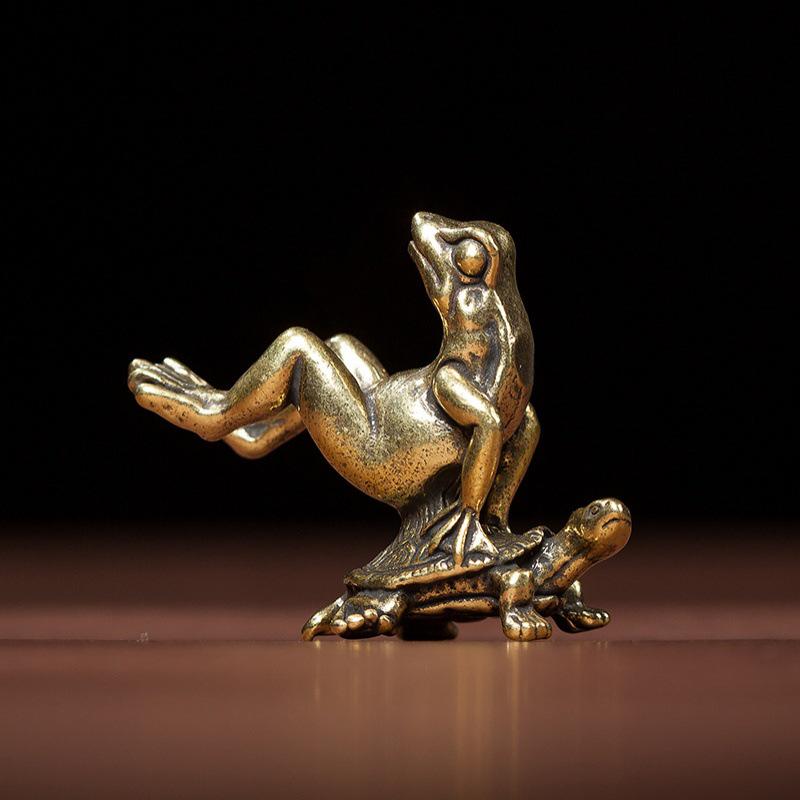 

Винтажная латунная фигурка журавля, черепахи и лягушки, чайный питомец, микрорезьба