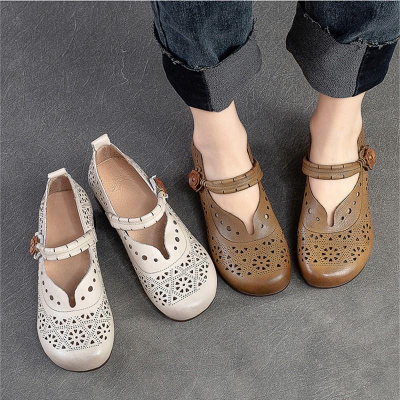 Hohle, atmungsaktive Damen-Sandalen, echtes Leder, Retro-Med-Heels, Pumps, bequeme Schuhe mit runder Zehenpartie