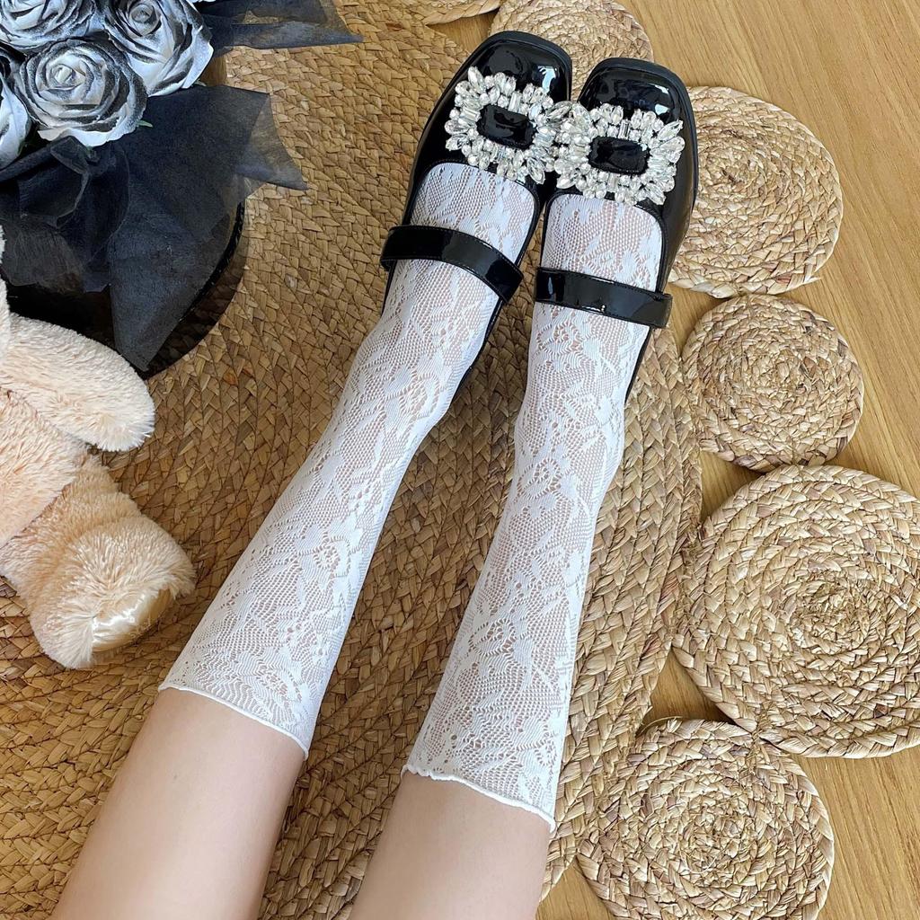 Elegant White Cable Knit Mid-Calf Socks: Women's Ballet Style Lace Mesh Leg Warmers