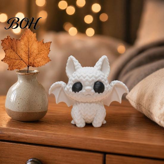 Bat Cat Ornament Festive Halloween Ornament, Knitted Texture Design Figure, Childlike Style Decor Mini Size Sculpture for Party Desk Shelf White
