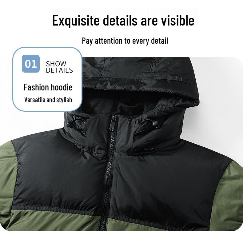 Men's Color Block Hooded Down Cotton Jacket with Wool Filling - Thick, Warm, Loose-Fit, Stand Collar Winter Coat