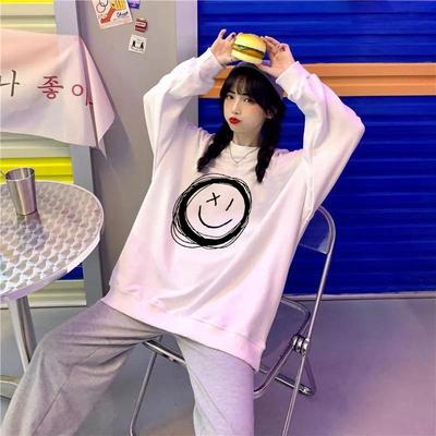 Korean Version of Harajuku Long-sleeved Crew Neck Sweater Women's 2025 Autumn and Winter Cartoon Smiley Face Velvet Loose Trend