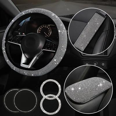 7pcs Car Steering Wheel Cover Rhinestone Shoulder Protector Armrest Box Pad Ignition Ring Decor Water Cup Pad Auto Interior Set