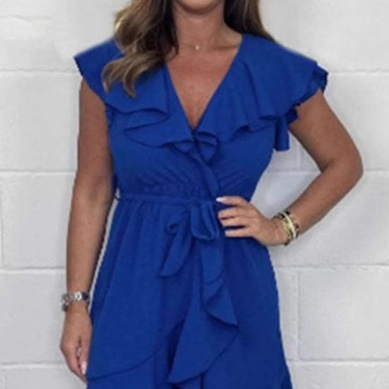 Women's Summer V-Neck Mini Dress Ruffle Cap Sleeve Short Wrap Dress Casual Beach Vacation