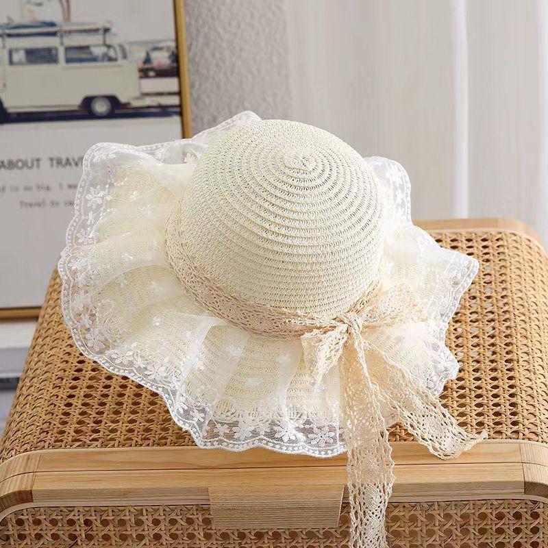 Chapeau de Paille d'Été pour Bébé Fille Couleur Unie Dentelle Volant Chapeau de Pêcheur pour Enfants Casquettes de Plage d'Extérieur Pare-soleil Chapeaux Bob à Large Bord