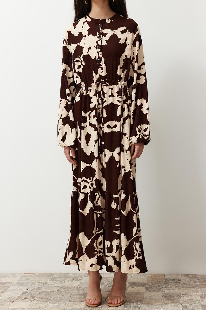 Women's Hijab Dress New Season Fashion Brown Big Flower Patterned Crinkle Woven Dress