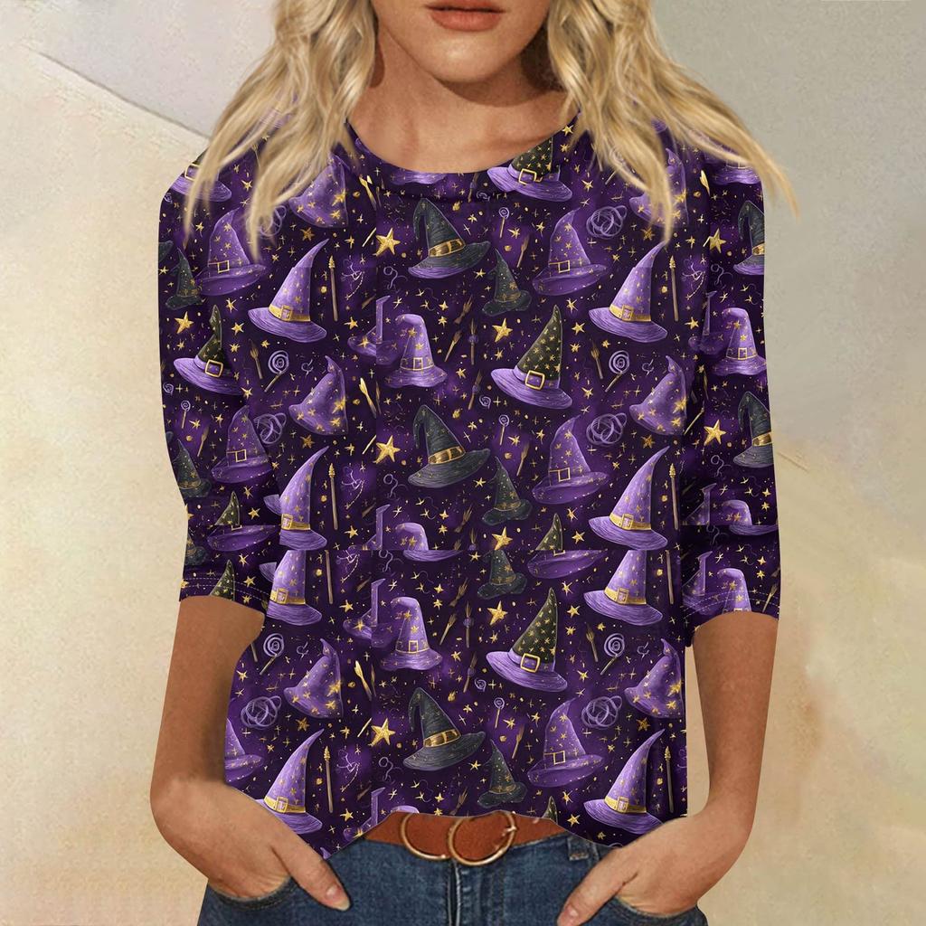 Women's Fashionable Casual Three-Quarter Sleeve Halloween Print Round Neck Top