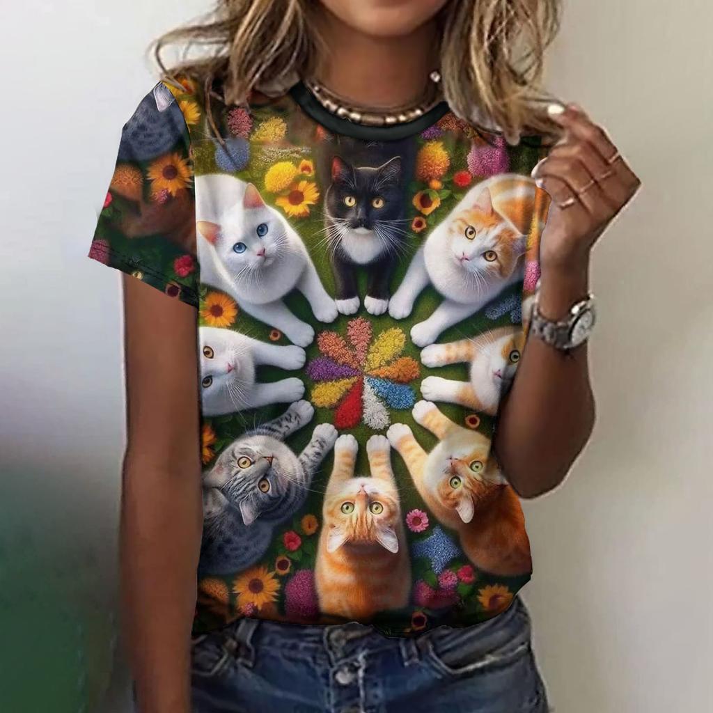 Fun animal pattern women's T-shirt cat print casual short sleeved top