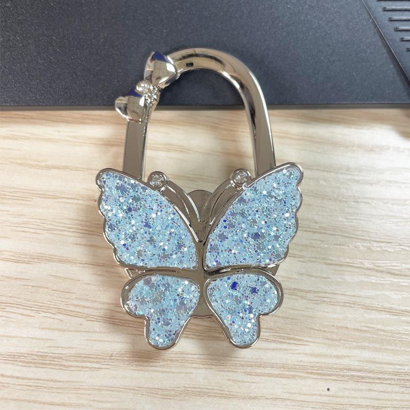 Foldable Sturdy Butterfly Purse Hook Colorful Glitter Metal Frame Table Bag Holder for Cafe Bar Outdoor Use