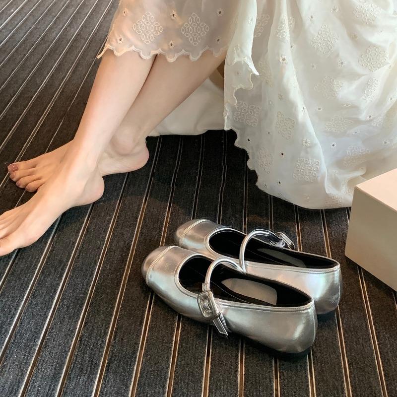 Sheepskin Version~ Genuine Leather Silver Light Mouth with Flat Bottom Inner Height Increase Mary Jane Single Shoes Women's Small Leather Shoes